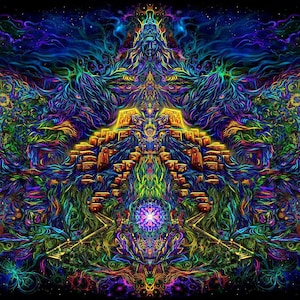 Może przedstawiać: Psychedeliczny cyfrowy wydruk artystyczny o symetrycznym wzorze, przedstawiający centralną postać z koroną i złotą strukturą piramidy. Tło to wirująca mieszanka niebieskiego, zielonego, fioletowego i żółtego.