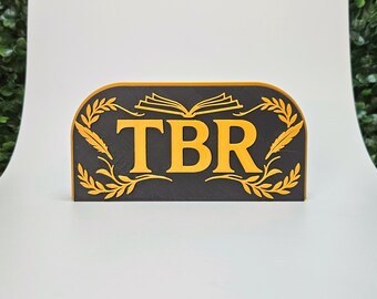 To Be Read Book Stack Sign • Arch Shelf Plaque with Open Book Graphic • Cute Bookworm Reading Nook Decor • Classic Book Club Gift
