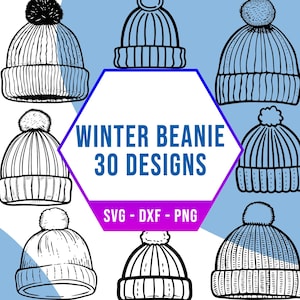 May include: A set of 30 black and white illustrations of winter beanies with different designs. The illustrations are in a variety of styles, including simple outlines, detailed drawings, and cartoon-like designs. The text "WINTER BEANIE 30 DESIGNS SVG - DXF - PNG" is displayed in the center of the image.