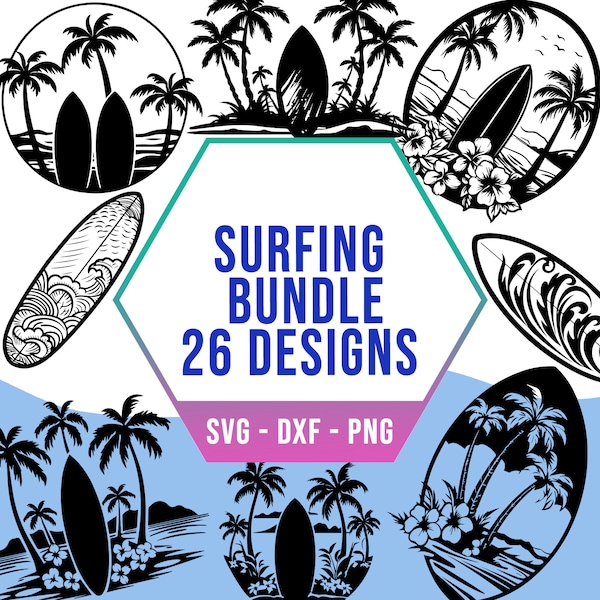 Surf SVG Bundle, Cute Tropical Surfing SVG Pack, Cricut Silhouette Files for Laser Cutter