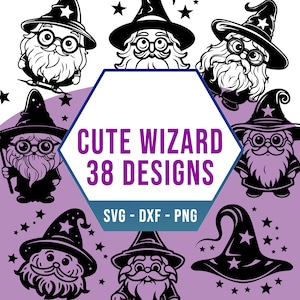 May include: A set of 38 cute wizard designs in black and white. The designs feature wizards with pointy hats, long beards, and glasses. The text "CUTE WIZARD 38 DESIGNS" is in the center of the image. The text "SVG - DXF - PNG" is below the main text.