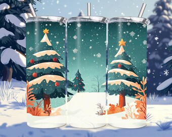 Festive Christmas Tumbler Wrap, Snowy Holiday Sublimation Design PNG, 20oz Skinny Digital Download