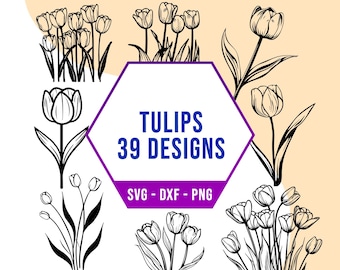 Cute Tulips SVG Bundle, Nature Flower Bouquet SVG Pack, Cricut Silhouette PNG Files for Laser Cutter