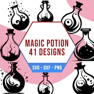 Puede incluir: Un conjunto de 41 diseños de botellas de poción mágica en SVG en blanco y negro. Las botellas están llenas de líquido giratorio y tienen varias formas y diseños. El texto "MAGIC POTION 41 DESIGNS" está en rojo y blanco sobre un hexágono blanco. El texto "SVG - DXF - PNG" está en blanco sobre un hexágono azul.