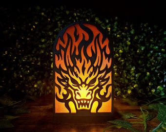 Fire Dragon Arch Lantern | Fantasy Elemental Magic LED Night Light | DND Tabletop RPG Desk Lamp | Fiery Dragon Silhouette Book Nook Decor