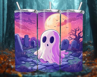 Night Graveyard Ghost Tumbler Wrap, Spooky Moon Spirit Sublimation Design PNG, 20oz Skinny Digital Download