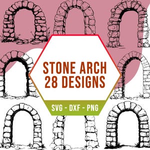 Puede incluir: Un conjunto de 28 dibujos en blanco y negro de arcos de piedra. Los dibujos son de varios estilos y tamaños. El texto "STONE ARCH 28 DESIGNS" está en el centro de la imagen. El texto "SVG - DXF - PNG" está debajo del texto "STONE ARCH 28 DESIGNS".