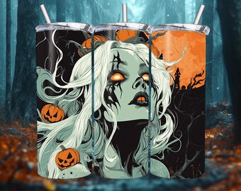 Spooky Halloween Girl Tumbler Wrap, Haunted Horror Witch Sublimation Design PNG, 20oz Skinny Digital Download