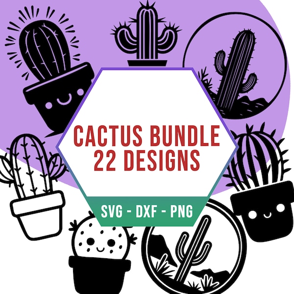 Cute Cactus SVG PNG Bundle, Desert Succulent Plant Flower SVG Pack, Cricut Silhouette Files for Laser Cutter