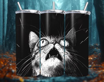 Spooked Funny Cat Tumbler Wrap, Cute Kitten Fear Sublimation Design PNG, 20oz Skinny Digital Download