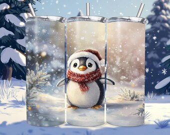 Cute Festive Penguin Tumbler Wrap, Christmas Polar Animal Sublimation Design PNG, 20oz Skinny Digital Download