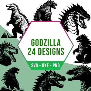 Op de afbeelding: Een set van 24 zwart-wit Godzilla silhouetontwerpen. De ontwerpen zijn in SVG, DXF en PNG-formaten. Godzilla 24 Designs SVG - DXF - PNG.