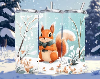 Cute Snowy Squirrel Tumbler Wrap, Winter Season Forest Animal Sublimation Design PNG, 20oz Skinny Digital Download