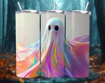 Holographic Color Ghost Tumbler Wrap, Vibrant Halloween Spirit Sublimation Design PNG, 20oz Skinny Digital Download
