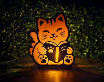 Lantaarn kattensilhouet lezen | Leuke boekenwurm Neko led-nachtlampje | Cosy Book Nook bureaulamp | Uniek cadeau voor kattenmoeders en bibliofielen