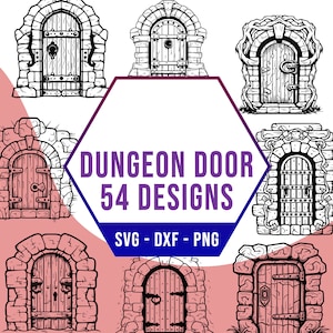 May include: A set of 54 black and white line art illustrations of dungeon doors. The doors are drawn in a variety of styles, including arched, rectangular, and with different types of embellishments. The text "Dungeon Door 54 Designs" is written in purple and white text on a white hexagon.