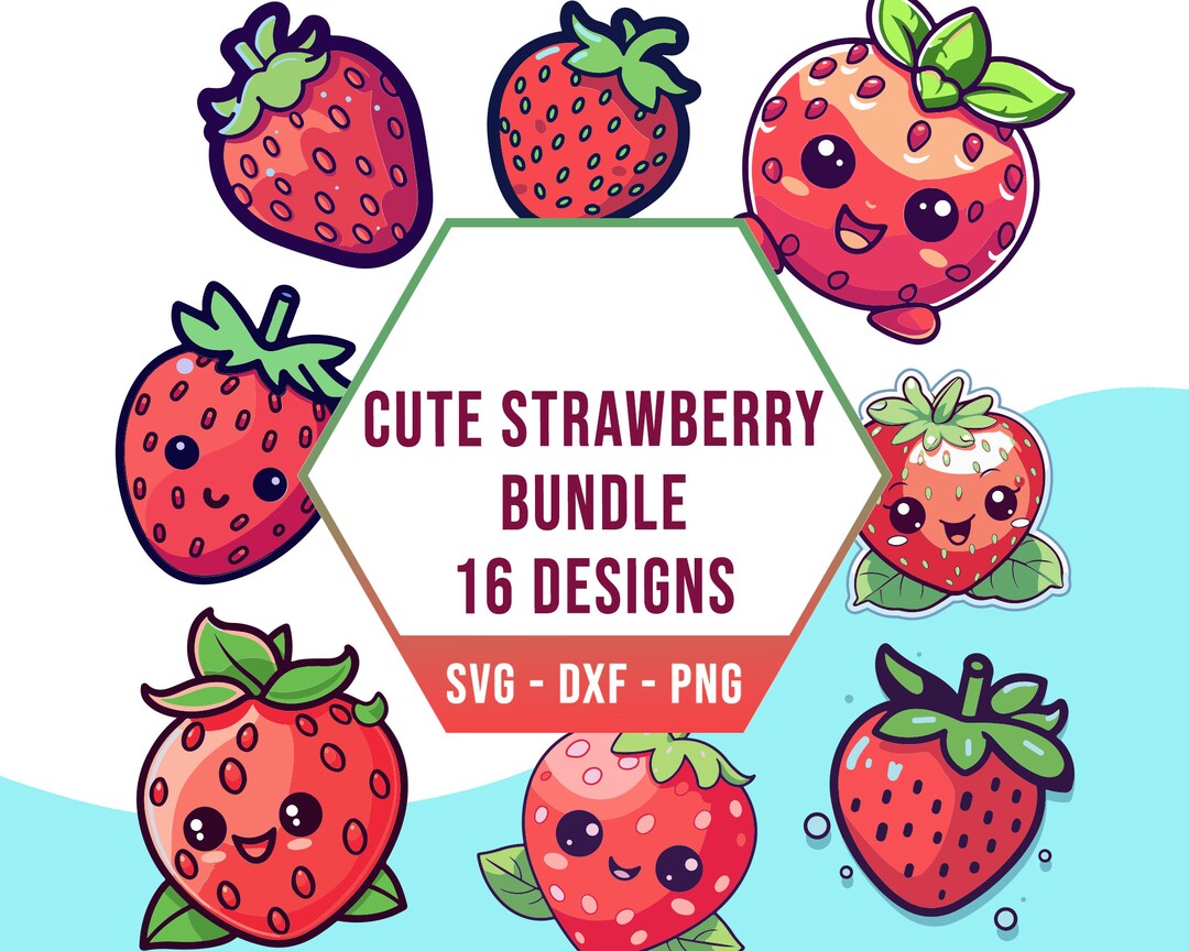 Cute Strawberry SVG PNG Bundle, Kawaii Fruit SVG Pack, Cricut Clipart