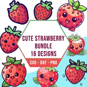 Peut inclure: Un ensemble de 16 designs mignons de fraises en dessin animé dans différentes poses. Les fraises sont rouges avec des feuilles vertes et ont des visages souriants. Le texte "Cute Strawberry Bundle 16 Designs SVG - DXF - PNG" est au centre de l'image.
