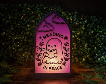 Reading In Peace Ghost Lantern | Cute Pastel Goth LED Night Light | Spooky Cute Ghostly Book Nook Lamp | Funny Bookworm Bookshelf Decor