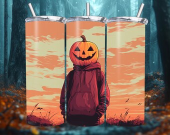 Halloween Pumpkin Guy Tumbler Wrap, Autumn October Vibes Sublimation Design PNG, 20oz Skinny Digital Download