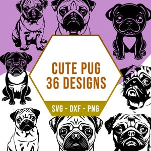 Carlin mignon SVG Bundle, chiot chien amour SVG Pack, fichiers PNG Cricut Silhouette pour découpeuse au laser