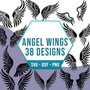 May include: A set of 38 black angel wing designs in SVG, DXF, and PNG formats. The wings are in various poses and styles.