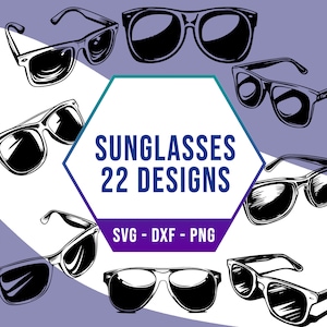 Puede incluir: Una colección de 22 diseños diferentes de gafas de sol en blanco y negro. Los diseños están en una variedad de estilos, incluyendo aviador, wayfarer y redondo. El texto "Sunglasses 22 Designs" y "SVG - DXF - PNG" también está incluido en la imagen.
