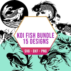 May include: A set of 15 black and white digital designs featuring koi fish in various poses. The designs are labeled "Koi Fish Bundle 15 Designs" and "SVG - DXF - PNG".