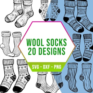 Wollsocken SVG-Bundle, kalte Jahreszeit, warme Kleidung SVG-Pack, Cricut Silhouette PNG-Dateien für Laser Cutter