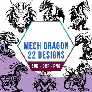 Può includere: Una collezione di 22 illustrazioni vettoriali in bianco e nero di draghi meccanici stilizzati. I design sono etichettati "Mech Dragon 22 Designs" e "SVG - DXF - PNG".