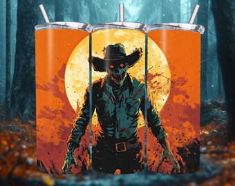 Spooky Zombie Cowboy Tumbler Wrap, Western Halloween Horror Sublimation Design PNG, 20oz Skinny Digital Download