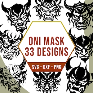 Japanische Oni Maske SVG PNG Bundle, asiatische Oger Dämon Gesicht SVG Pack, Cricut Silhouette Dateien für Laser Cutter
