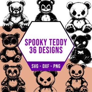 Spooky teddybeer SVG-bundel, Haunted Creepy Plush SVG Pack, Cricut silhouet PNG-bestanden voor lasersnijder