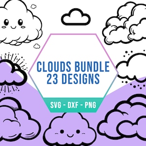 Weather Cartoon Cloud SVG PNG Bundle, Sky Nature Puffy Clouds SVG Pack, Cricut Silhouette Files for Laser Cutter