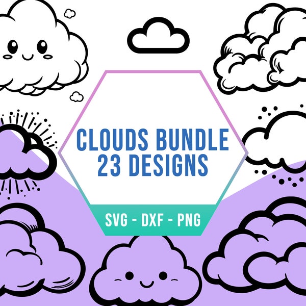 Weather Cartoon Cloud SVG PNG Bundle, Sky Nature Puffy Clouds SVG Pack, Cricut Silhouette Files for Laser Cutter