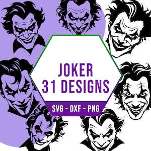 Puede incluir: Un conjunto de 31 ilustraciones vectoriales en blanco y negro del Joker, un personaje de los cómics de Batman. Las ilustraciones están en una variedad de poses y expresiones. El texto "JOKER 31 DESIGNS SVG - DXF - PNG" se muestra en el centro de la imagen.