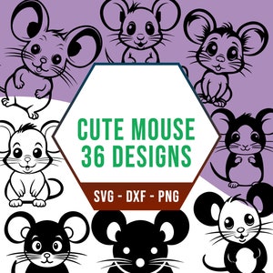 May include: A set of 36 cute mouse designs in black and white. The designs are perfect for crafting, scrapbooking, and other creative projects.  The text "Cute Mouse 36 Designs" is displayed in green letters on a brown hexagon.