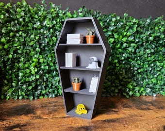 Miniature Coffin Bookshelf | Tiny Gothic Tomb Bookcase Display for Library Decor | 1:12 Scale Cemetery Dollhouse Shelf | Spooky Reader Gift
