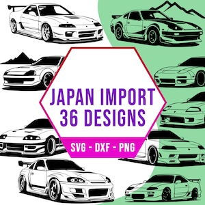 Puede incluir: Una colección de 36 ilustraciones vectoriales en blanco y negro de coches de importación japoneses. Las ilustraciones están en un estilo simple y de dibujos animados y presentan varias marcas y modelos de coches. El texto "JAPAN IMPORT 36 DESIGNS SVG - DXF - PNG" se muestra en el centro de la imagen.