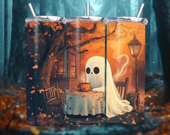 Cozy Coffee Ghost Tumbler Wrap, Autumn Vibe Halloween Sublimation Design PNG, 20oz Skinny Digital Download