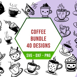 May include: A set of 40 black and white coffee cup illustrations. The illustrations feature various styles of coffee cups, including mugs, espresso cups, and to-go cups. The text "COFFEE BUNDLE 40 DESIGNS SVG - DXF - PNG" is displayed in the center of the image.