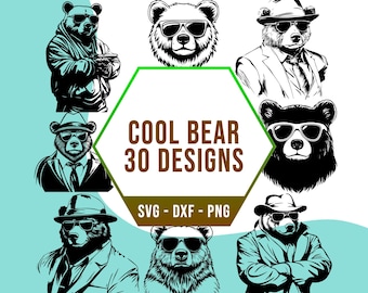 Cool Bear SVG Bundle, Gangster Grizzly Animal SVG Pack, Cricut Silhouette PNG Files for Laser Cutter