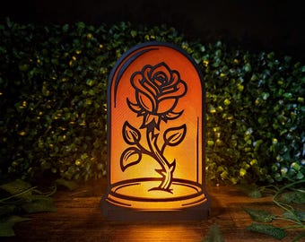 Enchanted Rose Dome Book Nook Light • Romantic Fantasy Bookshelf Insert • Fairy Tale Glass Dome Silhouette Lamp • Gift for Romance Readers