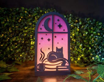 Cozy Cat Window Book Nook Light | Sleeping Kitty Bookshelf Insert | Whimsical Crescent Moon Night Light | Gift for Cat Lovers and Bookworms