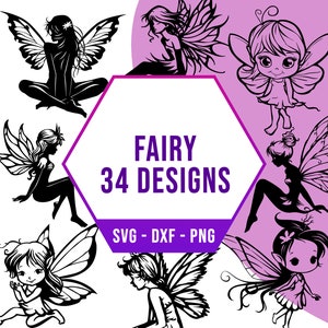 May include: A set of 34 black and white fairy silhouette designs. The designs are in SVG, DXF, and PNG formats. The text "FAIRY 34 DESIGNS" is in a purple hexagon.