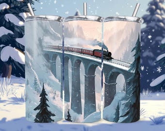 Winter Snow Train Tumbler Wrap, Polar Express Sublimation Design PNG, 20oz Skinny Digital Download