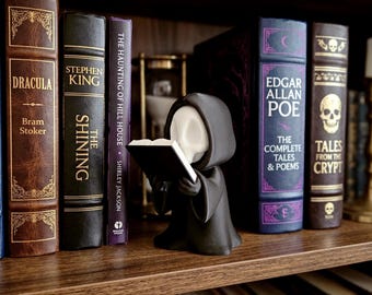 Reading Grim Reaper Figurine | Cute Gothic Desk Sculpture | Dark Academia Bookshelf Decor | 3D Printed Macabre Statue | Bookish Gift For Her