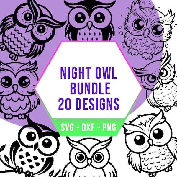 Cute Night Owl SVG Bundle, Nocturnal Bird SVG Pack, Cricut Silhouette Files for Laser Cutter