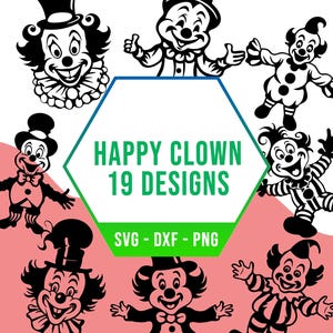 Paquete SVG de payaso feliz, paquete SVG de disfraz divertido festivo, archivos PNG de silueta cricut para cortador láser