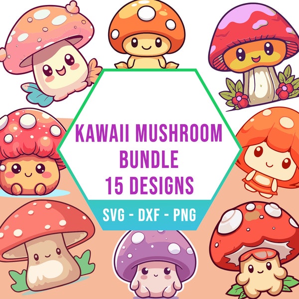 Kawaii Mushroom SVG PNG Bundle, Very Cute Mushroom Toad Characters SVG Pack, Cricut Clipart Files